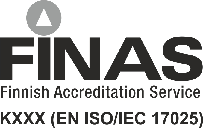 FINAS-tunnus, alla teksti KXXX (EN ISO/IEC 17025)